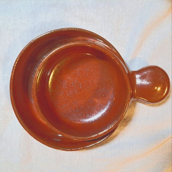 Handmade Pottery Double Circle Decorative Bowl Shimmery Orange-Brown Glaze Retro - Picture 1 of 7